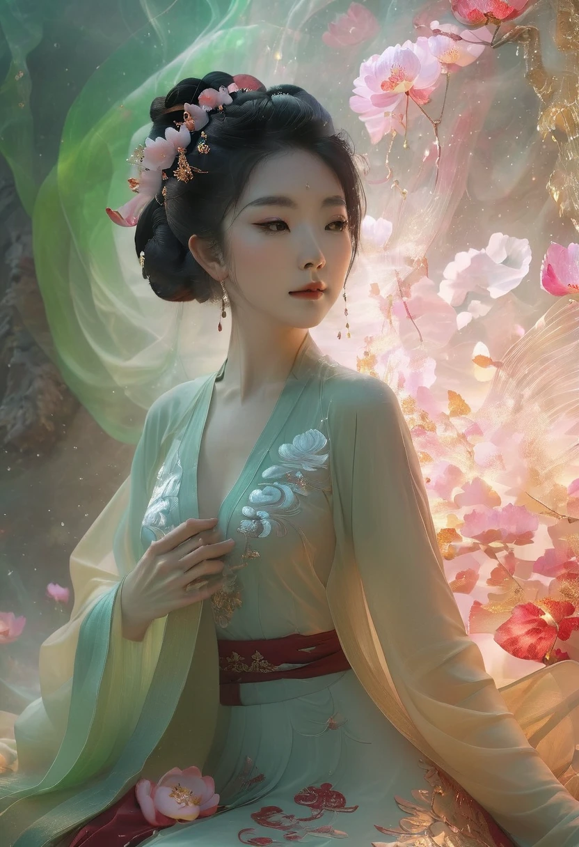1 Asian female, beauty,Surrealism,Modern designer clothing,Sexy transparent jade tights,Breasts covered with jade,transparent long sleeves,leggings,Her skin glows with jade fractals,Transparent white jade skirt,She is surrounded by a dreamy jasper flower scene,Full of energy,Blooming jade lotus,Capturing ambient light and color。The woman looks calm,Flowing Ruby Hair, The light is soft and diffuse,Highlighting the transparency of her clothing and the radiance of her skin,flash, Backlight,translucent,Light particle blur,Movie lighting effects,Fractal background