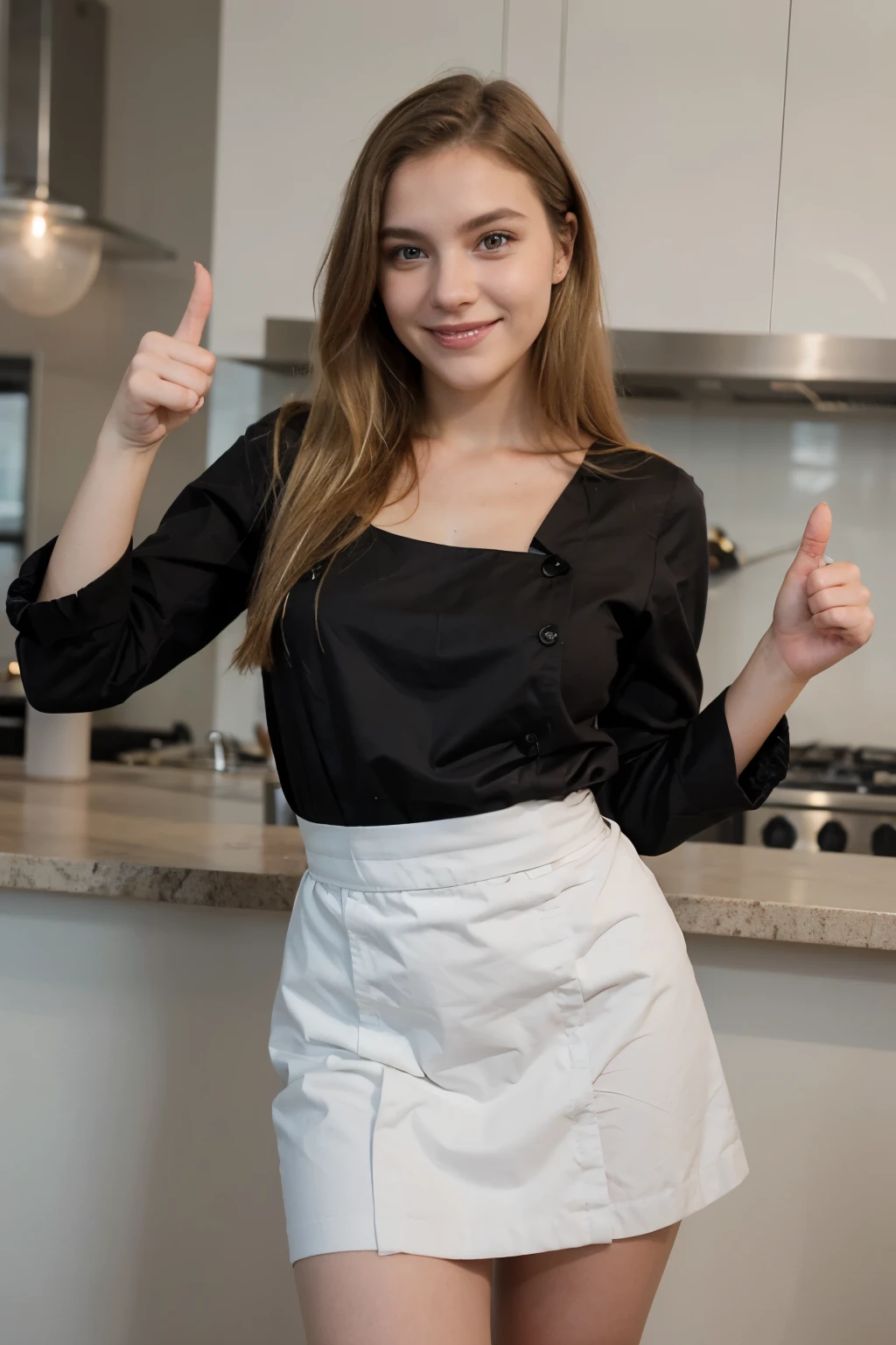 photographie d&#39;une femme de 21 ans, visage parfait, chef-d&#39;artwork, very blonde very long hair, giving a thumbs up and smiling sweetly