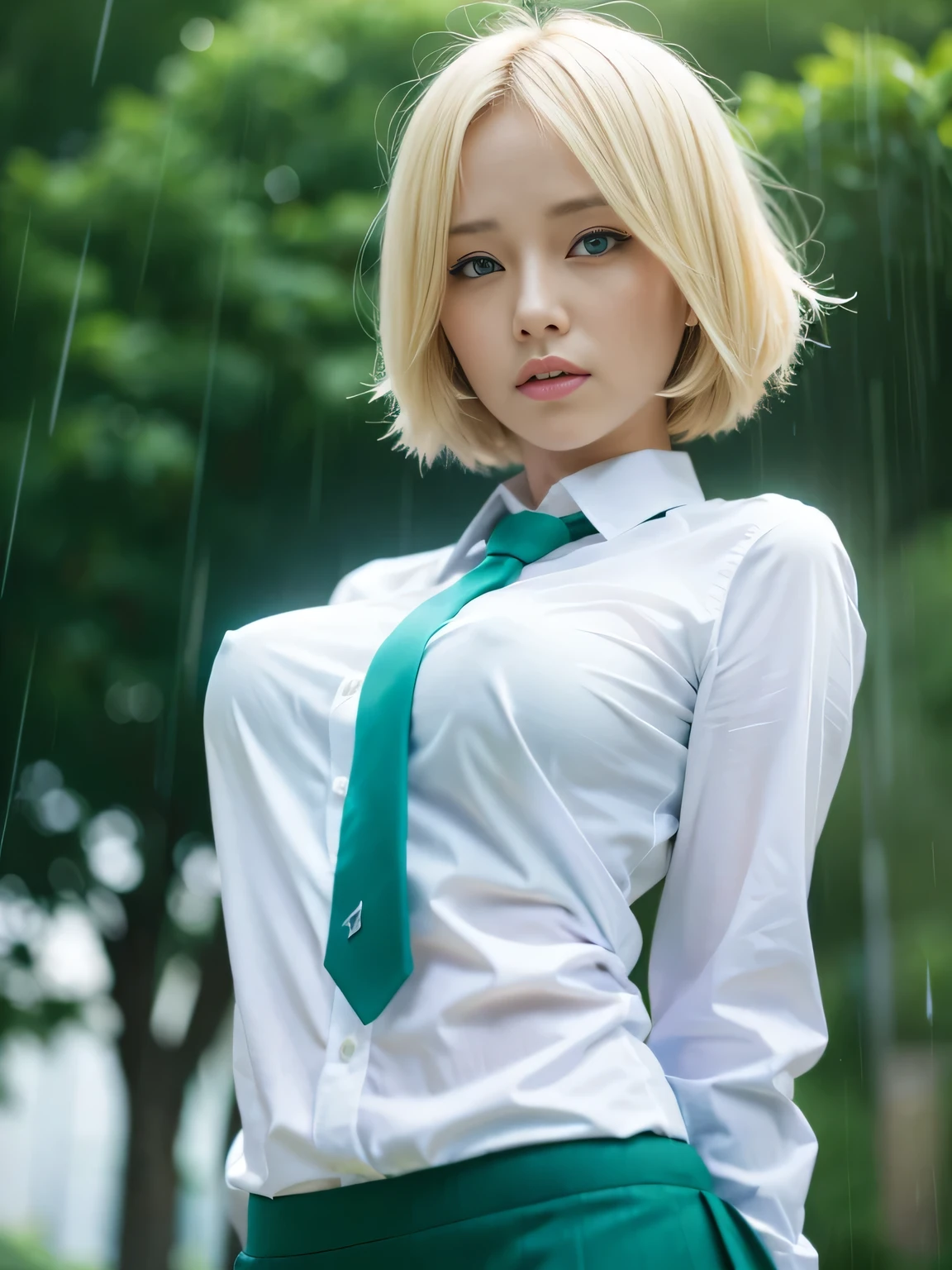 1girl, blond hair, short hair, blue eyes, white shirt, green tie, green skirt, city, rain, detailed background 