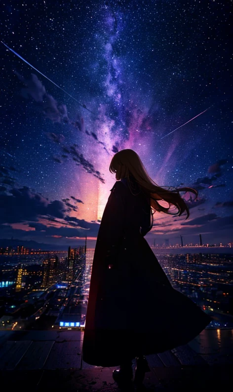 １people々々々々々々,Blonde long-haired woman，Long coat， Dress Silhouette， Rear View，Space Sky, comet, Anime Style, Dancing Petals，Night view of the city from the mountainside，