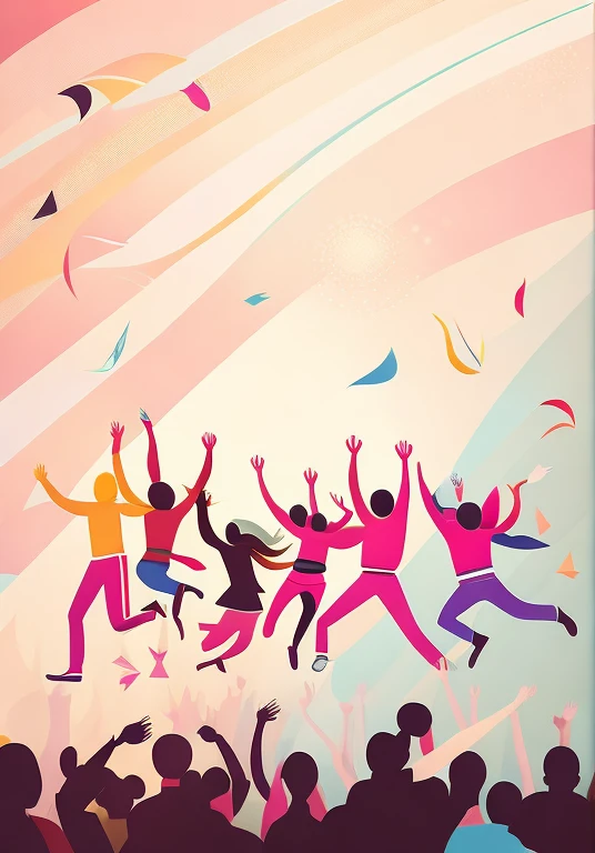 There are many people jumping in the air in the city, Dancing people, Exciting illustrations, Background image, Abstract people dancing, On a simple background, Poster background, happy person, color illustration, cheerful atmosphere, celebration, people dancing in background, Have a great time, color vector, a group of people, Colorful background, people dancing, people in background