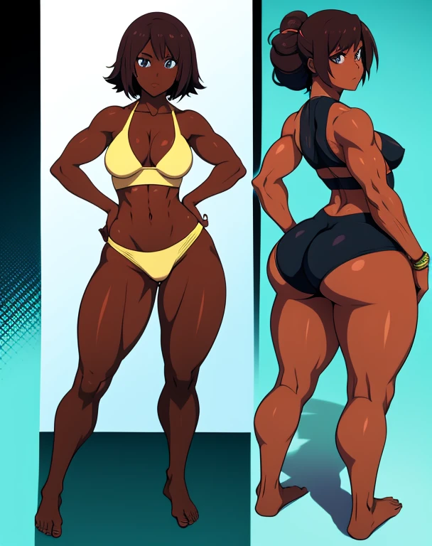 Anime woman, skimpy clothes, barefoot, feet visible, slightly muscular, front and back, big ass, small waist, fighter, dark skin, curvy