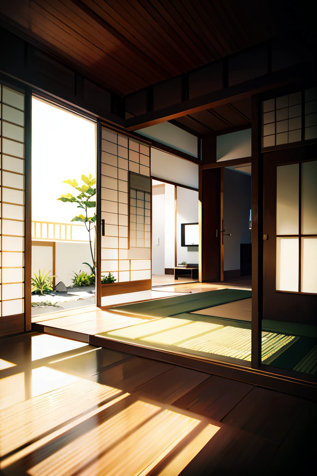 Modern Japanese House, sleek and minimalistic design, wooden structure, sliding glass doors, tatami mats, open-concept living room, clean lines, muted color palette, natural sunlight filtering through, ikebana arrangement, Zen garden, water feature, professional rendering, ultra-high definition, realistic textures, shadow play, meticulous attention to detail, 4K resolution, HDR lighting, refined simplicity, spacious, contemporary, tranquil atmosphere.