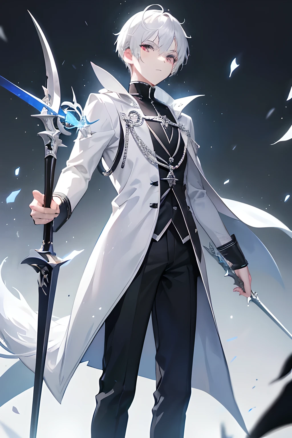 1 young man, short white hair (wolf cut style), silver eyes, wearing a black surcoat, black pants, white training room, holding rapier, his res, ultrasharp, 8K, masterpiece, looking at viewer