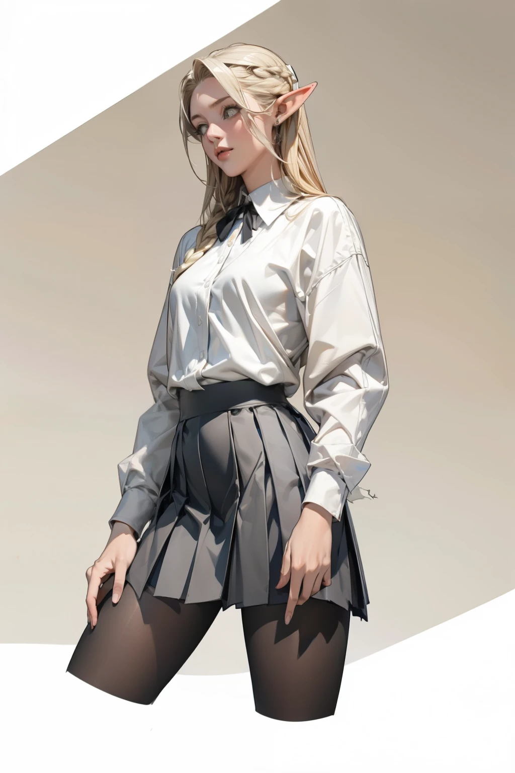 (masterpiece, best quality) detailed, Wearing black tights, silver accessories , Blonde ,elegant, Pointed ears ,White shirt,Clothes are torn,Pleated Skirt