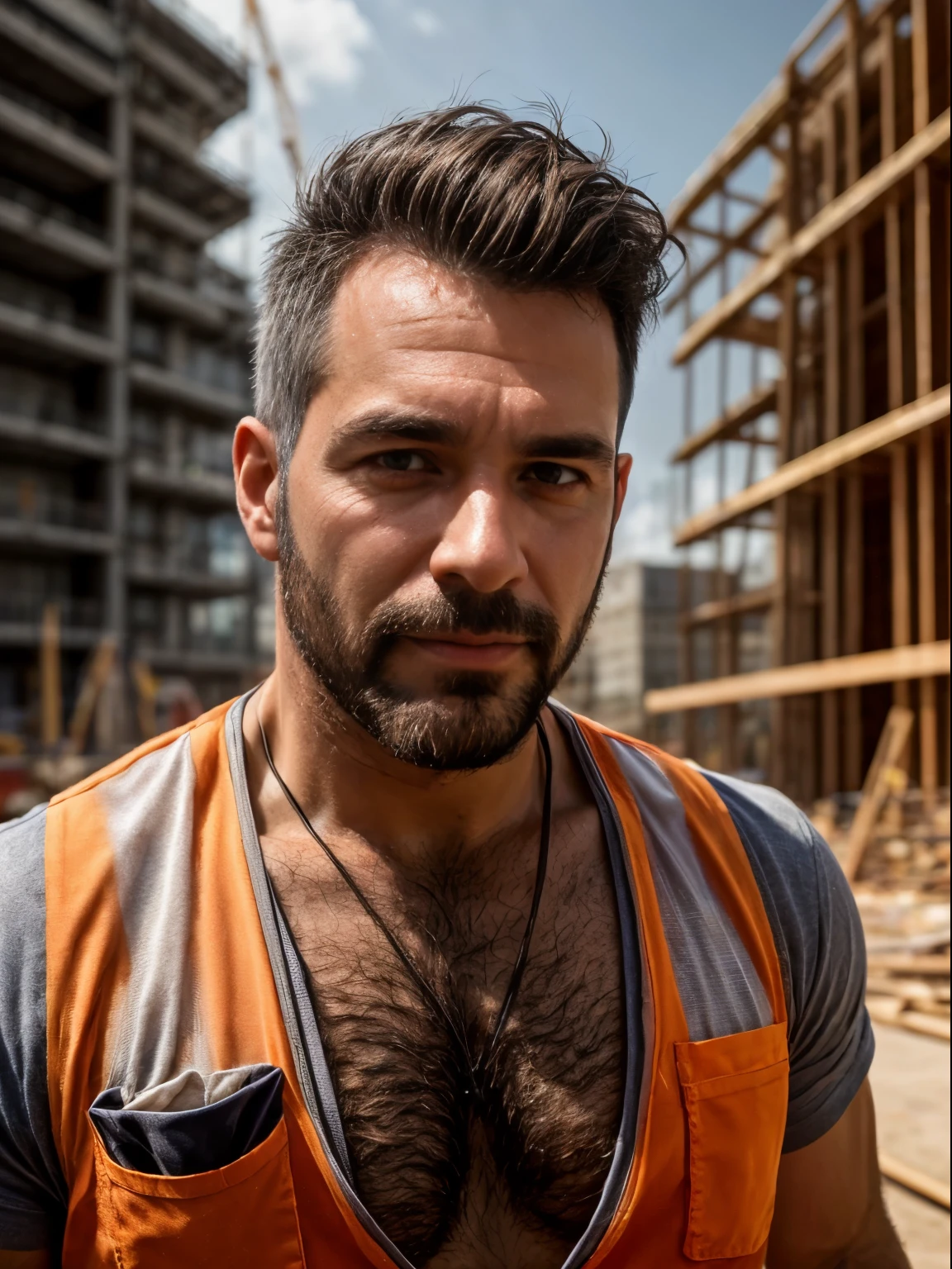 masterpiece, best quality, high resolution, closeup portrait, male focus, solo focus, A man, 50 years old, with construction worker uniform, unbuttoned work clothes, construction worker, silver grey hair, messy hairstyle, cute and seductive face, bare chest, body hair, facial hair, roman nose, very skinny body, hairy legs, dimples, beard, bold jawline , in the background a construction site, orange vest, gay , scruffy, erotic, view from below, amazing composition, front view, HDR, ultra quality, elegant, highly detailed, middle part hair