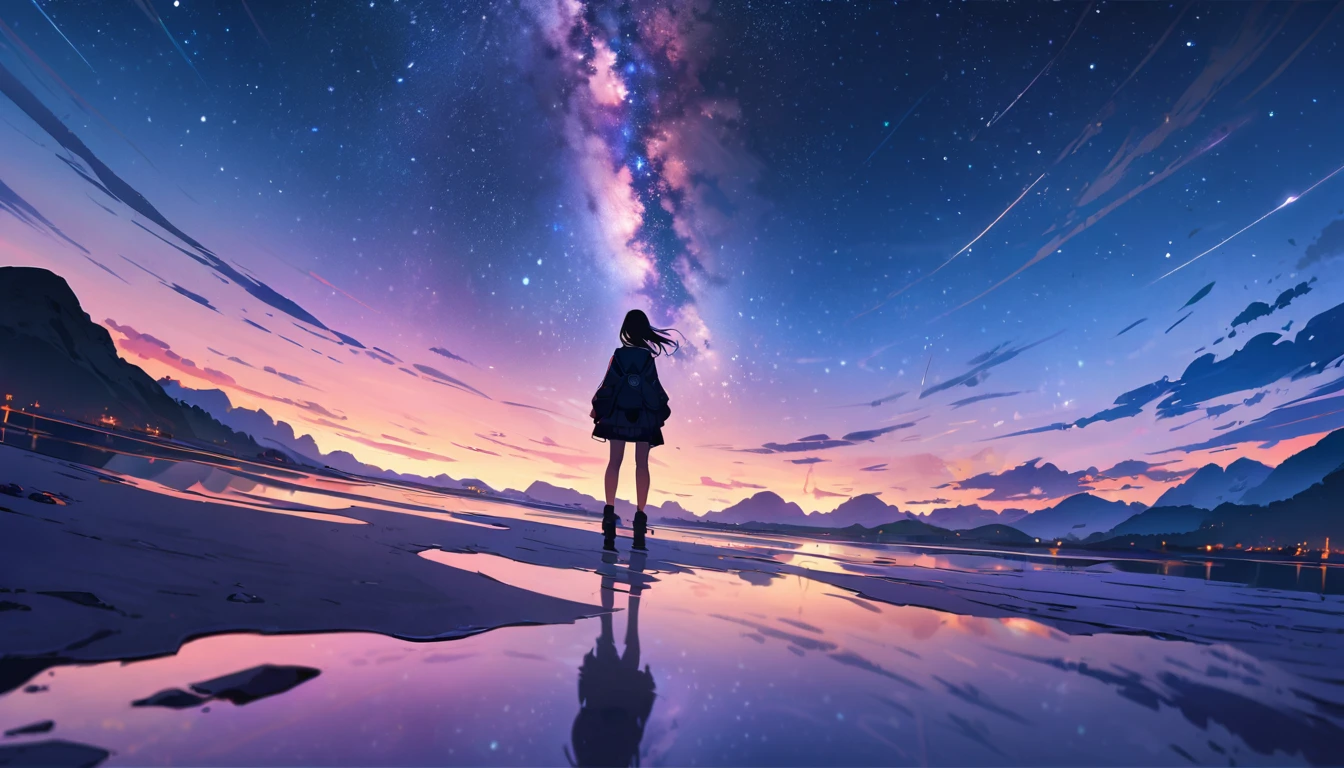 official art, Unified 8K wallpaper, Ultra Detailed,  masterpiece, Best image quality，Ultra wide angle，night，A woman，Standing by the salt lake，water is like a mirror，reflecting the sky。look up to the sky，Milky Way in the sky，Dynamic angle, grace, Vibrant colors,