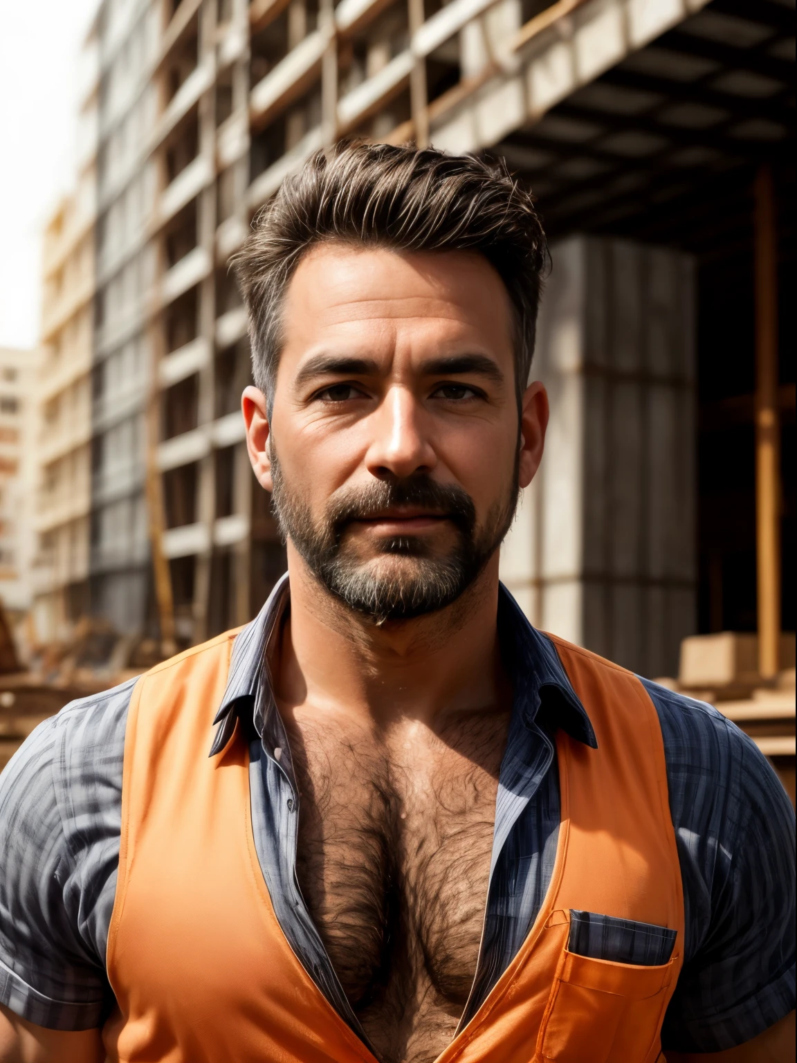 masterpiece, best quality, high resolution, closeup portrait, male focus, solo focus, A man, 50 years old, with construction worker uniform, unbuttoned work clothes, construction worker, silver grey hair, messy hairstyle, cute and seductive face, bare chest, body hair, facial hair, roman nose, very skinny body, hairy legs, dimples, beard, bold jawline , in the background a construction site, orange vest, gay , scruffy, erotic, view from below, amazing composition, front view, HDR, ultra quality, elegant, highly detailed, middle part hair