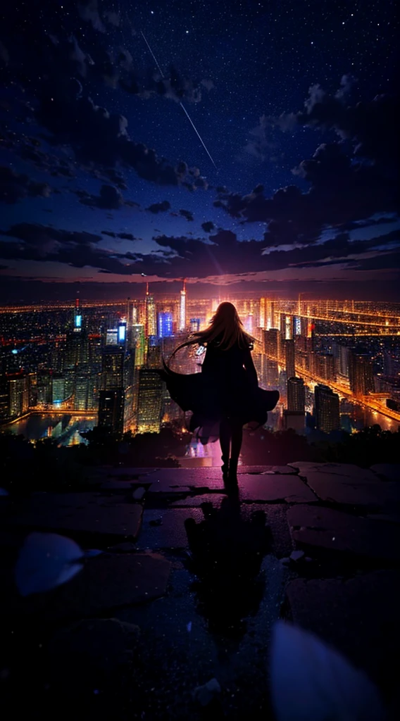 1people々々々,Blonde long-haired woman,Long coat, Dress Silhouette, Rear View,Space Sky, comet, Anime Style, Dancing Petals,Night view of the city from the mountainside,
