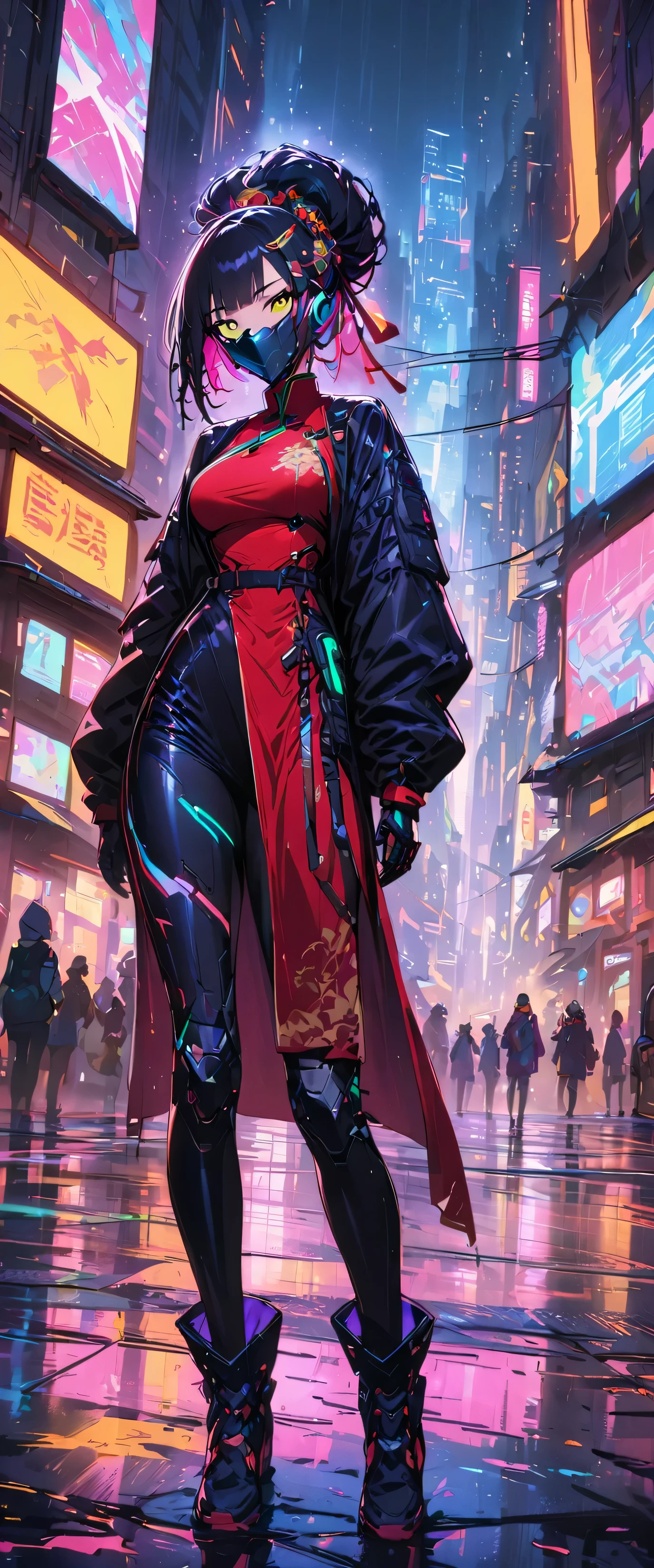 (best quality), (Ultrafine), (masterpiece), illustration, A girl Chinese costume Cyberpunk, （Cyberpunk，China costume，cybernetic implants），looking at camera,Hair accessories, Vibrant colors，Dynamic Lighting，Neon，glowing city skyline，Holographic projection，future fashion clothing，A combination of traditional and modern elements，Avant-garde makeup，Exquisite hairstyle，confidence and determination，city environment，downpour，Thoughts on slippery roads，Mechanical armor, Gorgeous accessories，high-tech products，Impressive cybernetic enhancements，Be focused，gnarly details, Overclocked rendering, Cinematic edge light, Fine light, masterpiece, Super Detail, Epic Works, Ultra HD, high quality, 32k