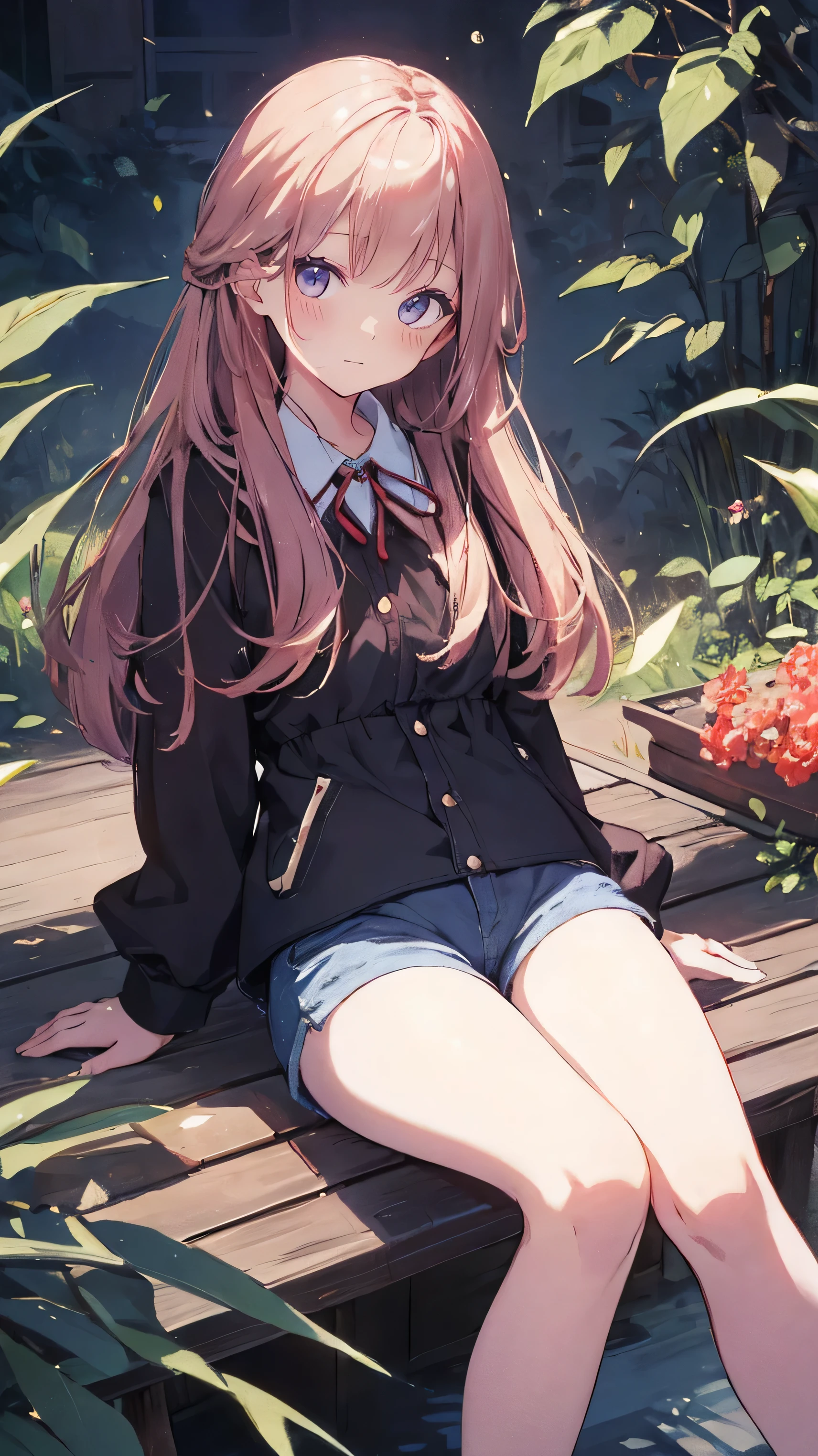 Masterpiece、Highest quality、highest quality、 ((panic))、glossy hair quality、Small face、Sitting、Super detailed and beautiful bright eyes、Super detailed clear and beautiful face、(cute illustration:1.2), High-resolution, ultra-detailed, best quality, embarrassed、(Gaps in shorts)、(cute underwear)