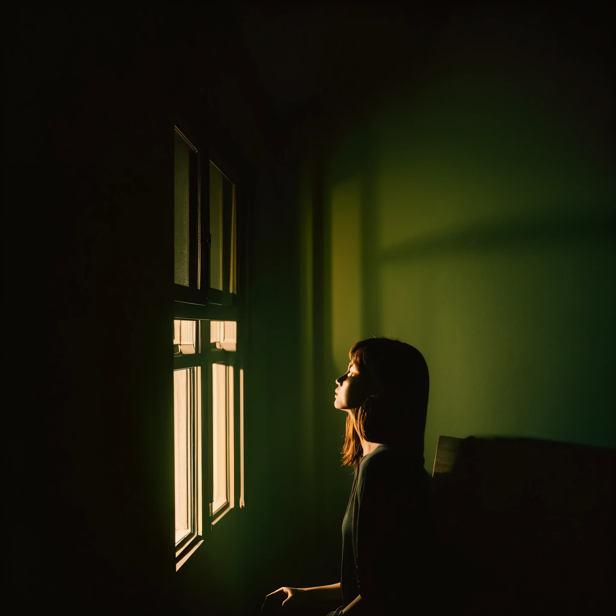 Picture of woman smoking in dark messy room, window open with the light of night, picture from top angle