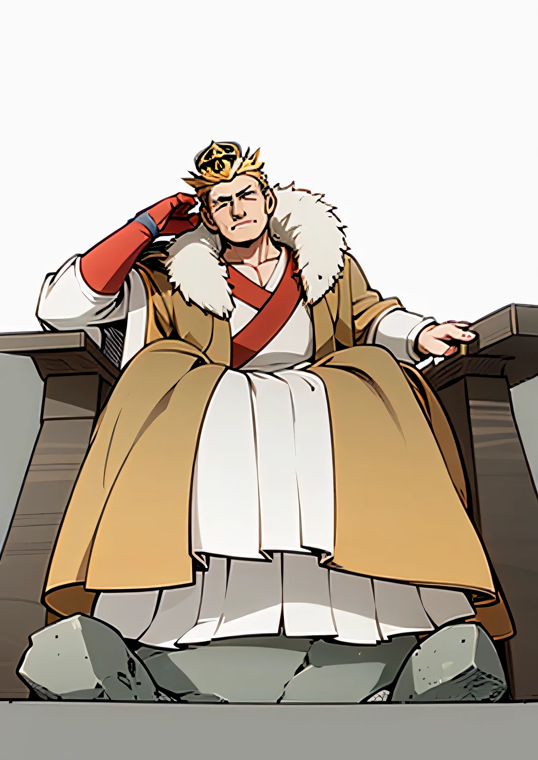 There is a cartoon,a man sitting on the sofa, Sitting on the Stone Throne, Wearing period costume, Sitting on the throne, medieval clothes, monk's robe, Wearing Viking clothes, medieval old king, medieval clothing, woolen torso in medieval clothes, Sitting in royal comfort, wearing roman clothes, Cloaked in fur, Sitting on his throne