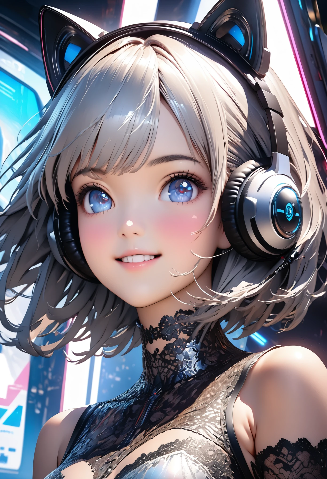 (masterpiece:1.3), (8K、best quality:1.3), (Photorealistic Anime Girl Rendering, ((Draw the outline with a line drawing)), Realistic anime 3D style), (1 girl), (very beautiful 14 year old girl), (cute, little:1.3), Symmetrical perfect face, Beautiful light blue bob cut, bangs, intense blue eyes, Eye-catching highlights, Realistic eyes, Beautiful eyelashes, Great smile, Accurate and natural normal size breasts, Perfect Anatomy, Glowing Skin, Highly detailed skin, Silver metallic sleeveless dress, Lace ornament, Exposed shoulders, Decorative choker, Silver long boots, Silk lace bra and panties, Light blue cat ears, Sleek and futuristic headphones, Take a seat in a futuristic space shuttle, Dynamic Angle, Cyberpunk Background, The cockpit instruments and monitors light up., Volumetric lighting, Soft Light, bright, neon, bright色, Create digital artwork in pop art style