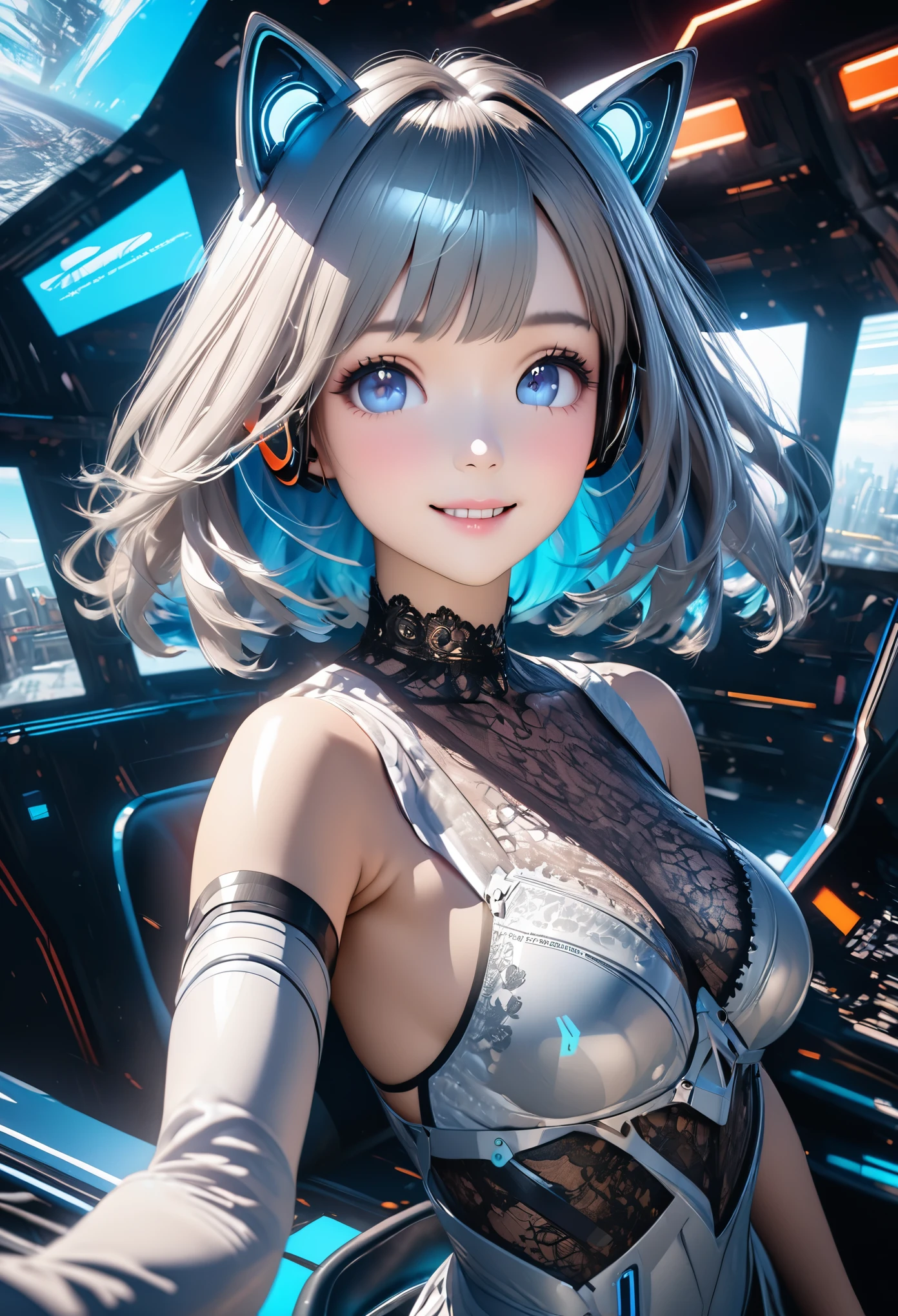 (masterpiece:1.3), (8K、best quality:1.3), (Photorealistic Anime Girl Rendering, ((Draw the outline with a line drawing)), Realistic anime 3D style), (1 girl), (very beautiful girl), (cute, little:1.3), Symmetrical perfect face, Beautiful light blue bob cut, bangs, intense blue eyes, Eye-catching highlights, Realistic eyes, Beautiful eyelashes, Great smile, Accurate and natural normal size breasts, Perfect Anatomy, Glowing Skin, Highly detailed skin, Silver metallic sleeveless dress, Lace ornament, Exposed shoulders, Decorative choker, Silver long boots, Silk lace bra and panties, Light blue cat ears, Sleek and futuristic headphones, Take a seat in a futuristic space shuttle, Dynamic Angle, Cyberpunk Background, The cockpit instruments and monitors light up., Volumetric lighting, Soft Light, bright, neon, bright色, Create digital artwork in pop art style