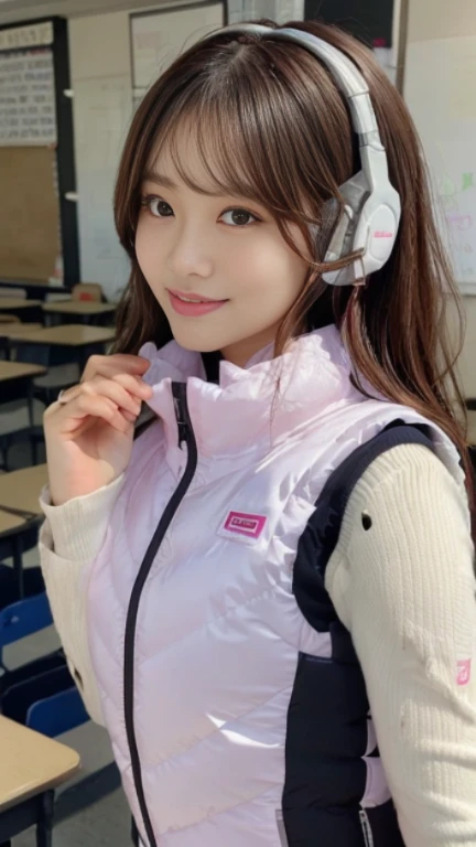 (At S.F.W.), (1 girl:1.3), break, Half Body Shot, Japanese, 17 year old supermodel, high school girl, (From the side), (highest quality:1.4), 32k resolution, (Realistic:1.5), (Super realistic:1.5), High resolution 32k UHD, (masterpiece:1.2)), (Improvement of quality:1.4), (Very beautiful facial details), (Highest quality realistic skin texture:1.4), (Perfect Anatomy:1.2), (Are standing:1.37), break, , ((astrovest:1.5)), ((headphone:1.15)), break, Do not emphasize the top of the bust, ((In a classroom shining in pink:1.15)), Accurate Fingers, Very detailed, Symmetrical eyes, ((View your viewers)),Natural Makeup, ((A good eye for quality:1.2)), (tired, Sleepy and satisfied:0.0), (Beautiful Lips:1.33), (Great nose:1.2), ((Physically Based Rendering of the Background:1.37)), thin:1.2, Flat Chest, (thin lower body), brown hair, (Hairy hair:1.37), Anxious face, Gentle light illuminates your face and body, Professional Cinema Lighting,(black sleeves):2,(black long sleeves):2,(astrovest):2,smile,inside spacecraft