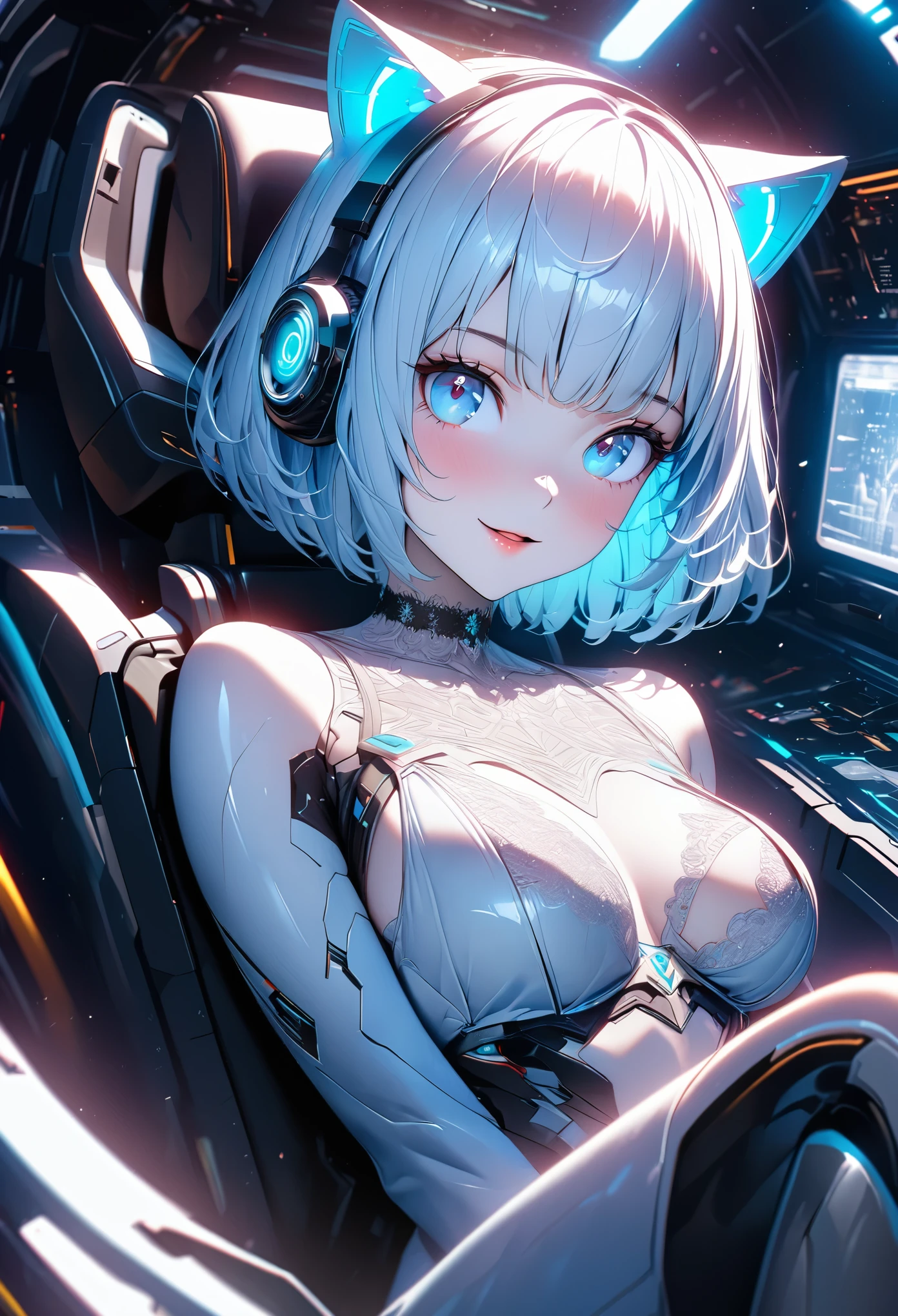 (masterpiece:1.3), (8K、best quality:1.3), (Photorealistic Anime Girl Rendering, ((Draw the outline with a line drawing)), Realistic anime 3D style), (1 girl), (very beautiful 14 year old girl), (cute, little:1.3), Symmetrical perfect face, Beautiful light blue bob cut, bangs, intense blue eyes, Eye-catching highlights, Realistic eyes, Beautiful eyelashes, Great smile, Accurate and natural normal size breasts, Perfect Anatomy, Glowing Skin, Highly detailed skin, Silver metallic sleeveless dress, Lace ornament, Exposed shoulders, Decorative choker, Silver long boots, Silk lace bra and panties, Light blue cat ears, Sleek and futuristic headphones, Take a seat in a futuristic space shuttle, Dynamic Angle, Cyberpunk Background, The cockpit instruments and monitors light up., Volumetric lighting, Soft Light, bright, neon, bright色, Create digital artwork in pop art style