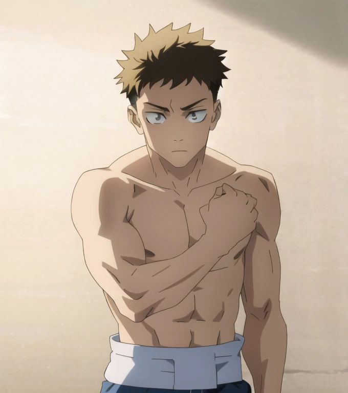 (Illustration, high resolution, best quality: 1.5, masterpiece, minimalist, simplistic detail, anime), solo: 2, fit male, adult male, upper body, half body portrait, shirtless: 2, boxer, boxing gloves, vox machina style, itadori yuji, blond: 1.5, shaded face, dark shade face, glowing eyes,