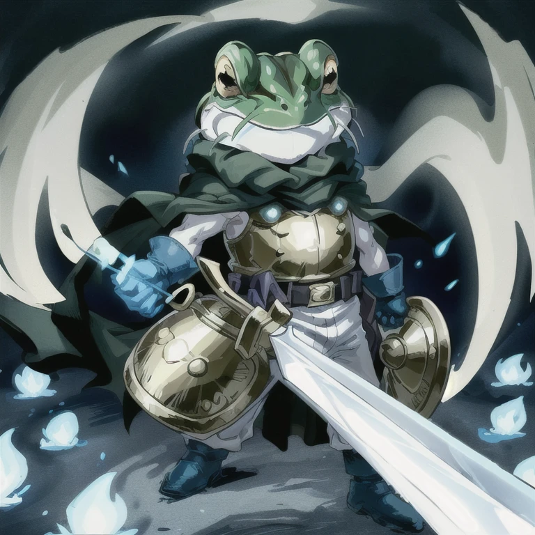 masterpiece, highest quality, comics, alone, One boy, frog_CT Gold Breastplate, has a sword and shield, Gloves, White pants, Green Cape, dark scene, (Blue Fire, blue light)