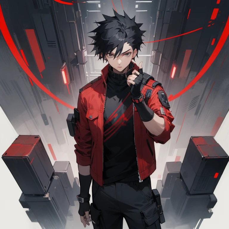 ((highest quality)), ((masterpiece)), (be familiar with), 1 male, alone, Black Hair,Spiky Hair,cargo pants,Red jacket,Black Shirt,Large size,Fingerless Gloves, cyber punk,SF