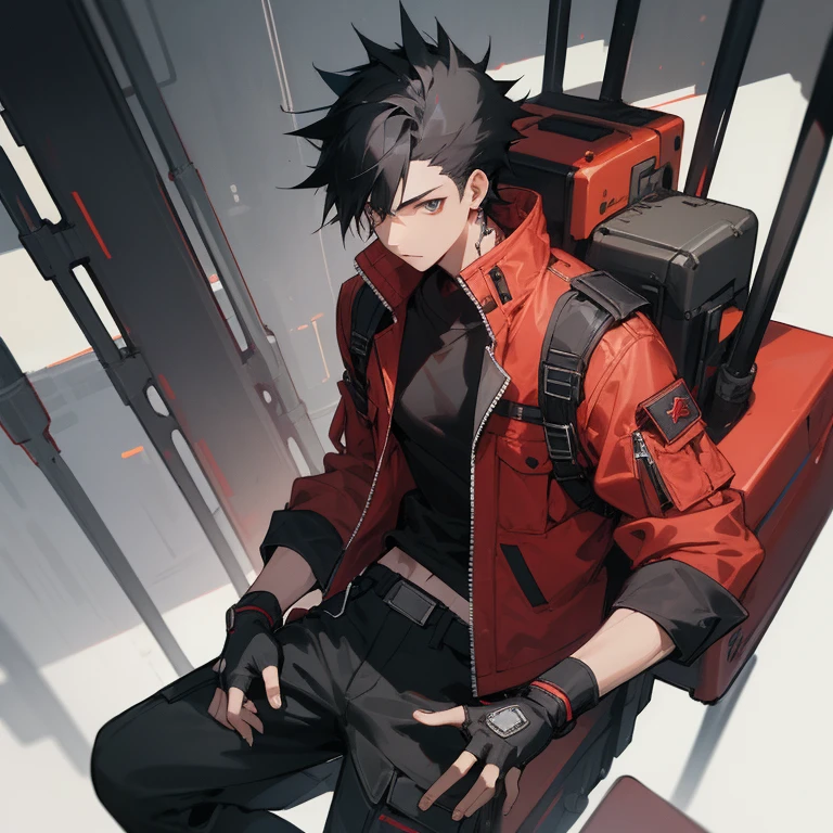 ((highest quality)), ((masterpiece)), (be familiar with), 1 male, alone, Black Hair,Spiky Hair,cargo pants,Red jacket,Black Shirt,Large size,Fingerless Gloves, cyber punk,SF