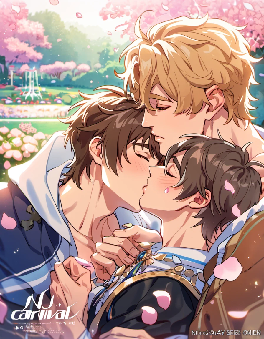 absurdres, highres, ultra detailed, HDR, master piece, best quality, Quincy, blond messy hair, closed eyes, Nu Carnival, Eiden, brown hair, closed eyes, 2 men kissing passionate, gay couple, petals, garden, fantasy clothes, sexy