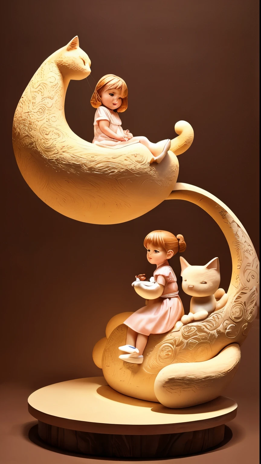 (best quality, high resolution, ultra-detailed), global light, neutral background, a sculpture resine toy a giant cat with a tiny girl sleepping on the giant cat's neck. The *********** is riding in the gigantic cat's cell. Style collectible toys, art toys, art toys on a pedestal.