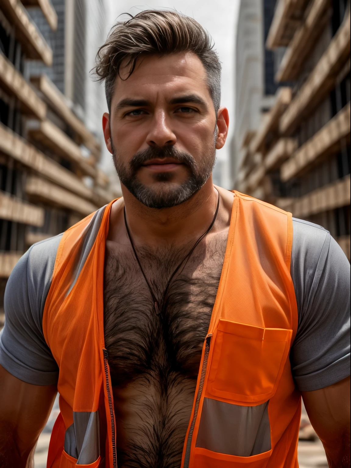 masterpiece, best quality, high resolution, closeup portrait, male focus, solo focus, A man, 50 years old, with construction worker uniform, unbuttoned work clothes, construction worker, silver grey hair, messy hairstyle, cute and seductive face, bare chest, body hair, facial hair, roman nose, very skinny body, hairy legs, dimples, beard, bold jawline , in the background a construction site, orange vest, gay , scruffy, erotic, view from below, amazing composition, front view, HDR, ultra quality, elegant, highly detailed, middle part hair