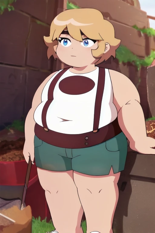 Goombella, solo, tan skin, shortstack, mining helmet, red scarf, (brown backpack:1.2), blonde hair, ponytail, blush stickers, black eyes, thick eyebrows, brown gloves, wide hips, side locks, brown boots, thighs, large breasts, smile, looking to the side, outdoors, nude, standing, wide stance, in forest, navelnipples, holding backpack straps