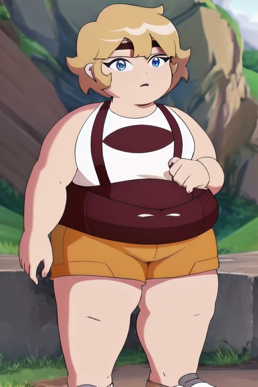 best quality, absurdres, 8k, (obese Parsley), obese body, blonde hair, blue eyes, white shirt, suspender shorts, brown shorts, sleeveless,