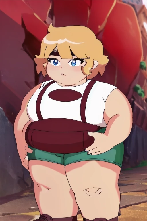 best quality, absurdres, 8k, (obese Parsley), obese body, blonde hair, blue eyes, white shirt, suspender shorts, brown shorts, sleeveless,