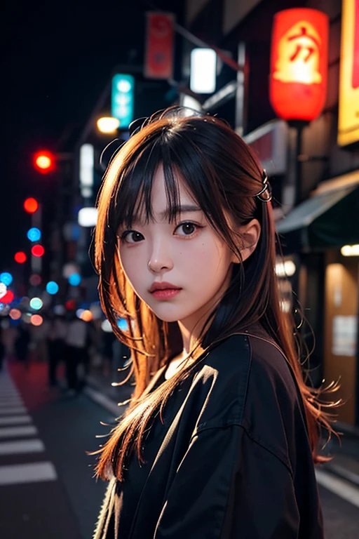 1 Girl, Tokyo Street,night, city View,city lights, Upper Body,close up, 8k, original photo, best quality, masterpiece,Practical, photo-Practical,