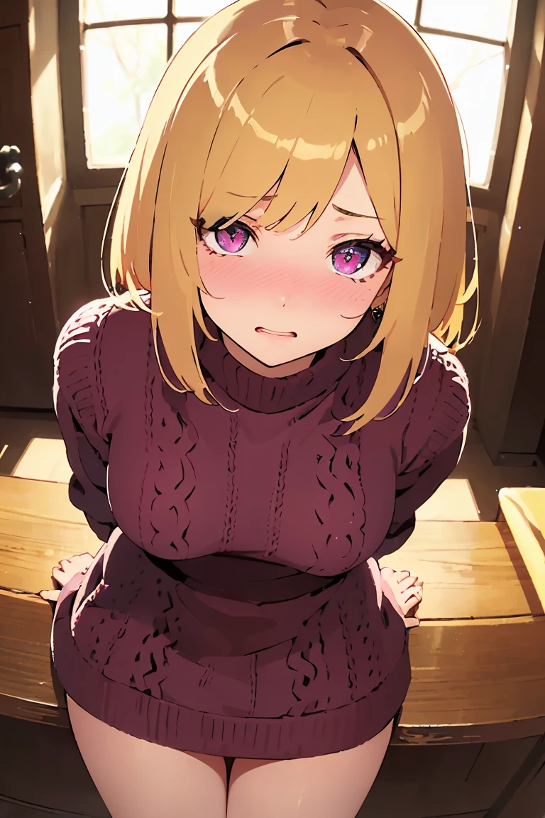 masterpiece, absurdres, best quality, ultra detailed, high Resolution, detailed illustration, bright colour, (extremely beautiful detailed face and eyes, Delicate beautiful face, 1 girl, cute face:1.3), (magenta eyes:1.1), sparkling eyes, big eyes, medium breasts, (perky breasts:1.1), (pointy breasts:1.1), medium hips, glamorous body, white skin, BREAK, long bob cut, (blonde hair:0.8), messy hair, detailed hair, shiny hair, BREAK (undressed, knit casual dress:1.5), (SEX, vagina, Masturbation:1.3), perfect lighting, (embarrassed:1.5), (ecstasy, vulgarity:1.5), (trembling:0.8), From the back, 