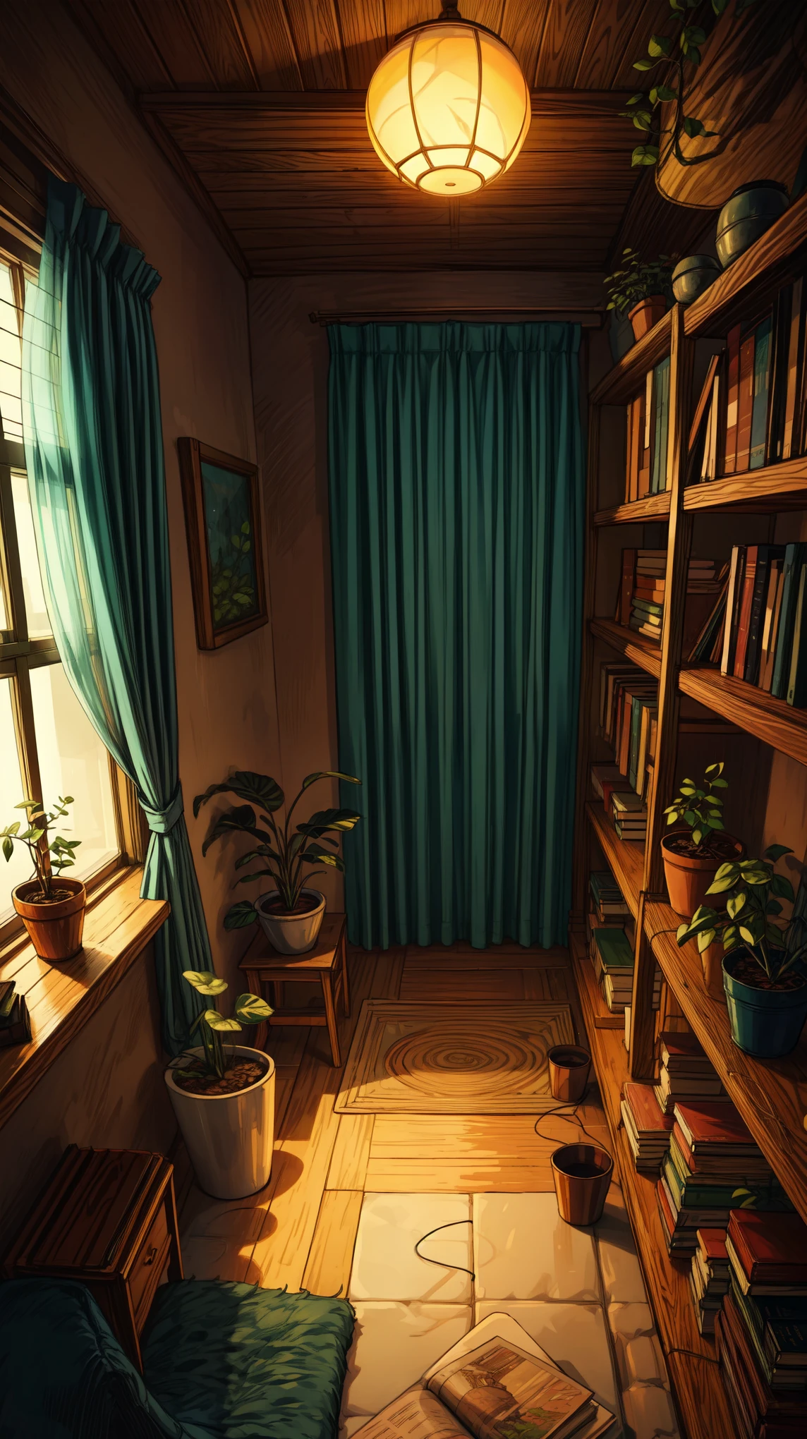 wide view, cozy bedroom, glass window, string lights, book rack, quilt, evening light, thick lines, cozy tones, curtains, marble floor, lamp, plant pots, ghibli style, indoors, cozy atmosphere, micro landscape, intrinsic details