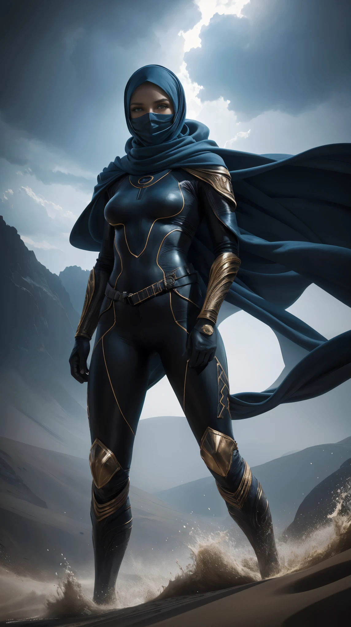 a digital illustration portraying a girl clad in an intricately designed Fremen suit reminiscent of the universe in Frank Herbert's "Dune." The suit boasts meticulous detailing, showcasing its desert-friendly features, including sand-resistant layers, functional utility belts, and a protective headscarf. Against the backdrop of a ferocious desert storm, she stands defiant, the tempest swirling around her. The artwork adopts a hyperrealistic style, accentuating the tactile feel of the suit's texture and the dramatic contrast of light and shadow in the midst of the storm