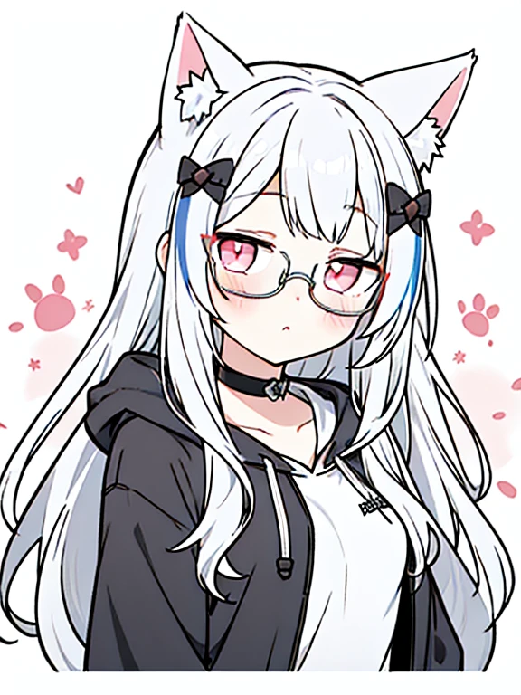 best quality, masterpiece, 1 girl, loli, upper body, female, pink eyes, long hair, small breasts, glasses, hime cut, expressionless, wink , cat ears, white hair, silver hair, streaked hair,hoodie, murder, long bangs