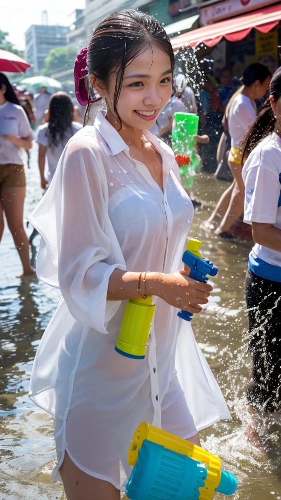 A young girl, age 16, joyfully participates in the lively Songkran festival in the bustling city. Holding a brightly colored water gun, she stands ready to engage in playful squabbles with her peers. Droplets of milk, a traditional Thai Songkran element, coat her skin, adding an extra layer of fun to the water fight. As she sprints through the streets, her see-through white blouse clings to her body, revealing her excitement and enthusiasm. Her whole body is wet from the continuous splashing of water, creating a glistening effect under the soft, warm sunlight. Her long, wet hair sticks to her face,