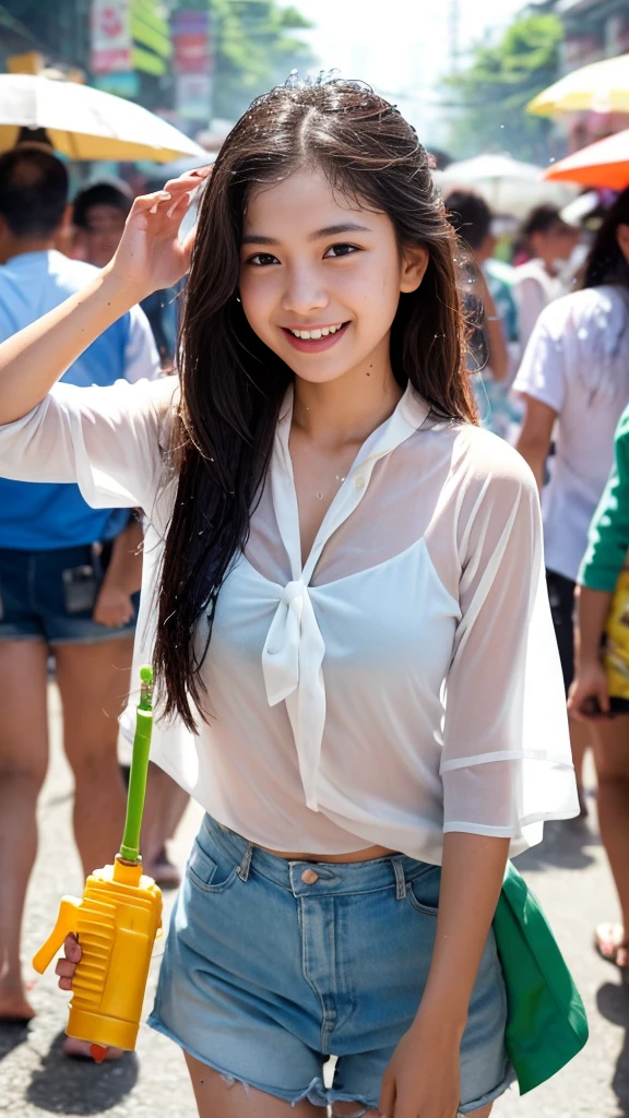 A young girl, age 16, joyfully participates in the lively Songkran festival in the bustling city. Holding a brightly colored water gun, she stands ready to engage in playful squabbles with her peers. Droplets of milk, a traditional Thai Songkran element, coat her skin, adding an extra layer of fun to the water fight. As she sprints through the streets, her see-through white blouse clings to her body, revealing her excitement and enthusiasm. Her whole body is wet from the continuous splashing of water, creating a glistening effect under the soft, warm sunlight. Her long, wet hair sticks to her face,