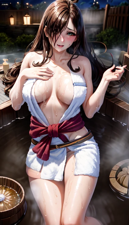 masterpiece,best quality,(high resolution:1.5),8k,(perfect face:1.8),(perfect body:1.8),full body,,1woman,(realistic:1.3),pale skin,(fighter:1.5),(dark brown long straight hair:1.2),ahoge,seductive smile,(?????????????:1.5),(large ???:1.5),(small pink ???????:1.3),(????? ???????:1.1),,(sweat steam:1.3),(hidden in one eye:1.3),(This Subaru:1.3),(????:1.3)(Hot spring at night:1.8),,(sake:1.3),(drunken face:1.3),,(lookin gat viewer:1.3),(:1.5),(Cover your ????? to waist with one large bath towel:1.8),(clothed:1.8),
