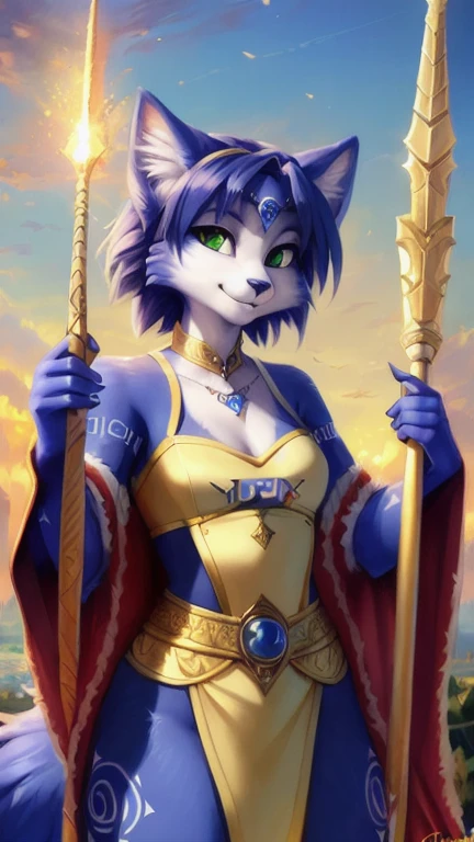 A beautiful and detailed (sweet picture) von ((Krystal)), Sternenfuchs Krystal, Schlank, liebenswert, green eyes, small breasts, lange haare,fantasie robe, Dekollete, Grinsen, hoch schauen,, Anthro, Pelzig, Hochgeladen E621, detailed flauschige fur, (von Fluff-Kevlar, Bayard Wu, personalami, Pino Daeni), detailliertes Gesicht, (flauschige), 1Girl, Allein, (posing with a golden staff in her hands:1.3),light armor