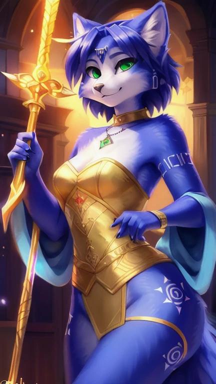A beautiful and detailed (sweet picture) von ((Krystal)), Sternenfuchs Krystal, Schlank, liebenswert, green eyes, small breasts, lange haare,fantasie robe, Dekollete, Grinsen, hoch schauen,, Anthro, Pelzig, Hochgeladen E621, detailed flauschige fur, (von Fluff-Kevlar, Bayard Wu, personalami, Pino Daeni), detailliertes Gesicht, (flauschige), 1Girl, Allein, (posing with a golden staff in her hands:1.3),light armor