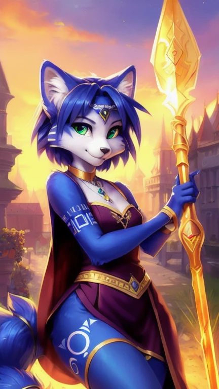 A beautiful and detailed (sweet picture) von ((Krystal)), Sternenfuchs Krystal, Schlank, liebenswert, green eyes, small breasts, lange haare,fantasie robe, Dekollete, Grinsen, hoch schauen,, Anthro, Pelzig, Hochgeladen E621, detailed flauschige fur, (von Fluff-Kevlar, Bayard Wu, personalami, Pino Daeni), detailliertes Gesicht, (flauschige), 1Girl, Allein, (posing with a golden staff in her hands:1.3),light armor