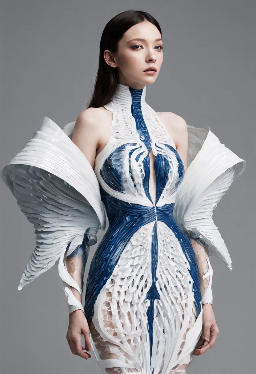 Clothing creative fashion design,Iris van Herpen designer style,Marine life curve,Sense of lines,bone structure,Symmetrical design,Blue and white lines,Highlight sexiness,French model,Large Breasts,Most popular