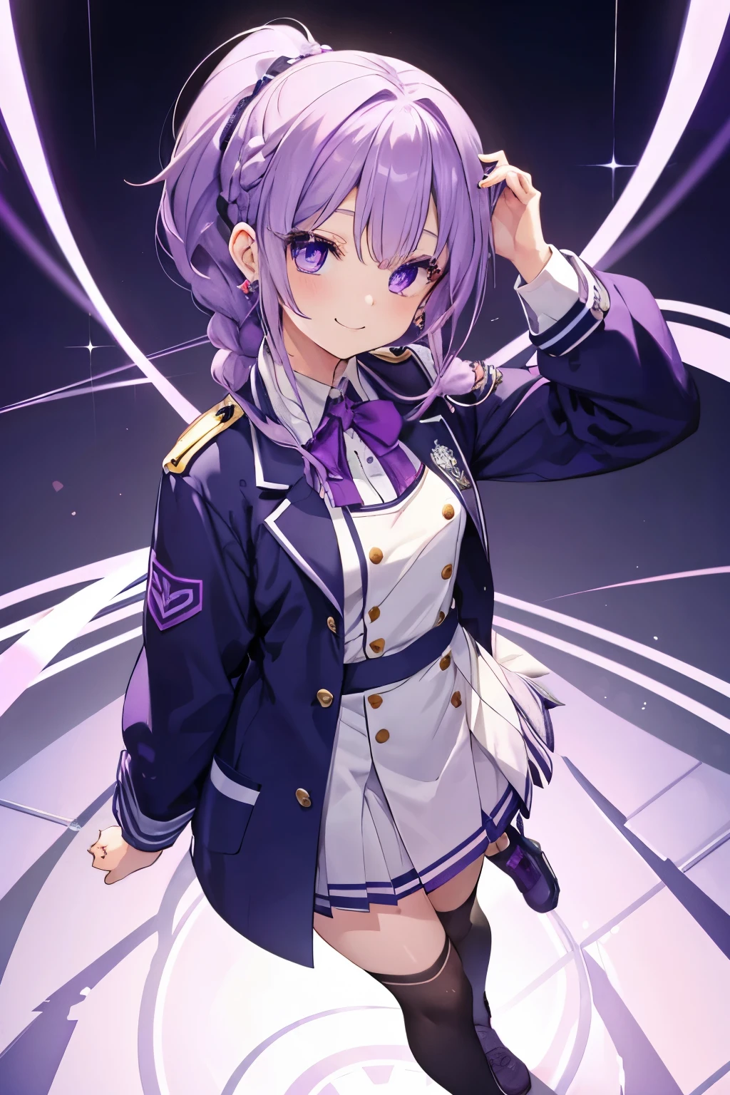 Purple hair and eyes、 girl、Small breasts、braided ponytail、smile、Gal-like、Wearing cute earrings、cute uniform、Add highlights around the eyes、Cute hairpin、Full body view、School