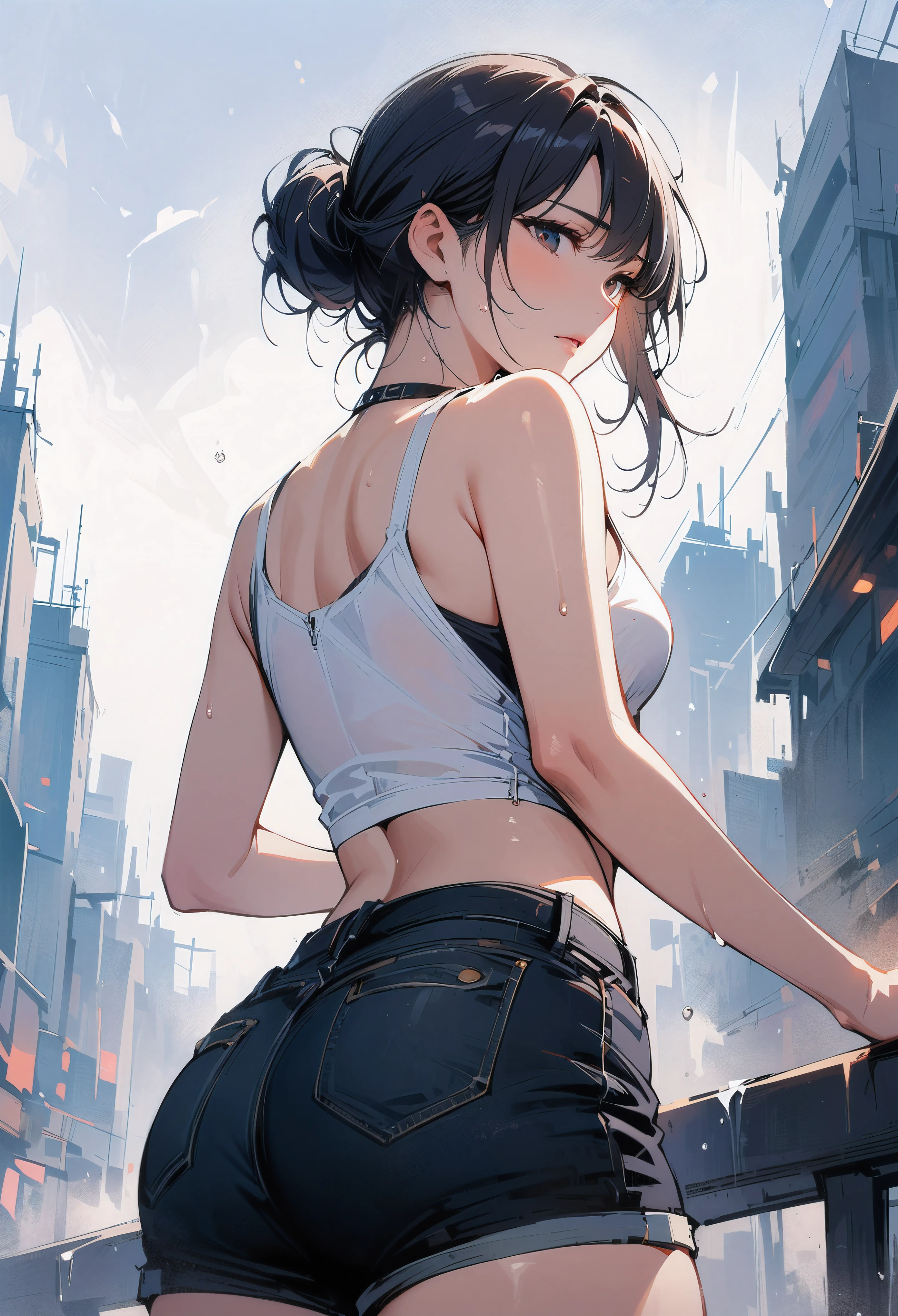 (masterpiece, best quality:1.2), 1 girl, alone , sexy , (cut-off_jean:1.3), white top ,cowboy shot, black hair ,hair bun, (Sweat),  (tokyo_background) , outdoor ,(from behind), from below , ass