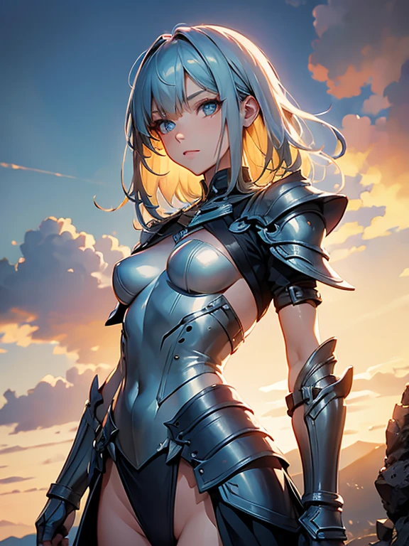 woman　slender　Fantasy　sword士　Light clothing　armor　sword　Blonde　 Silver Hair　 Red hair　 Green Hair　Blue Hair　Half naked　Backwards　Landscape　