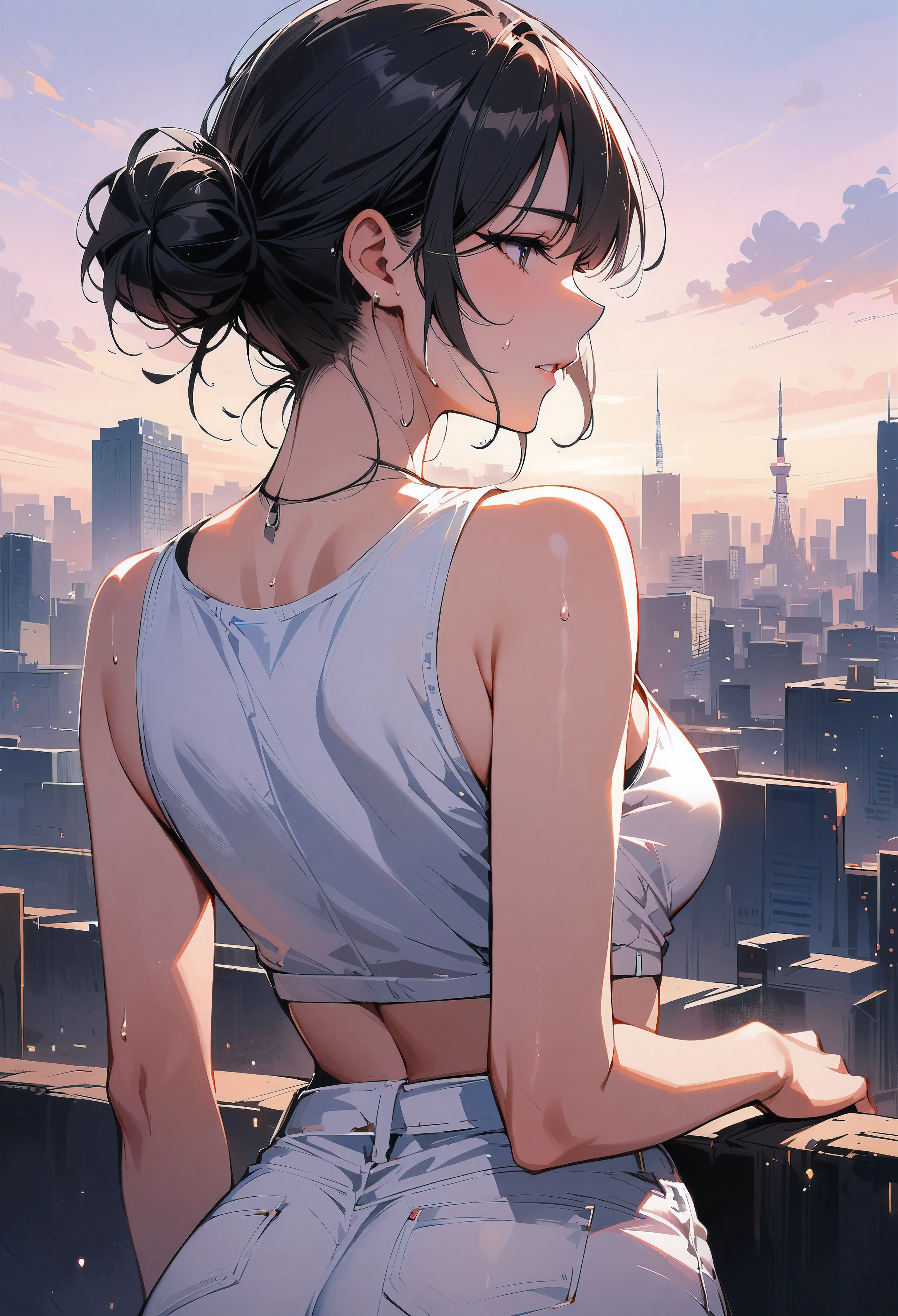 (masterpiece, best quality:1.2), 1 girl, alone , sexy , (cut-off_jean:1.3), white top ,cowboy shot, black hair ,hair bun, (Sweat), (tokyo_background) , outdoor ,(from behind), from below , ass