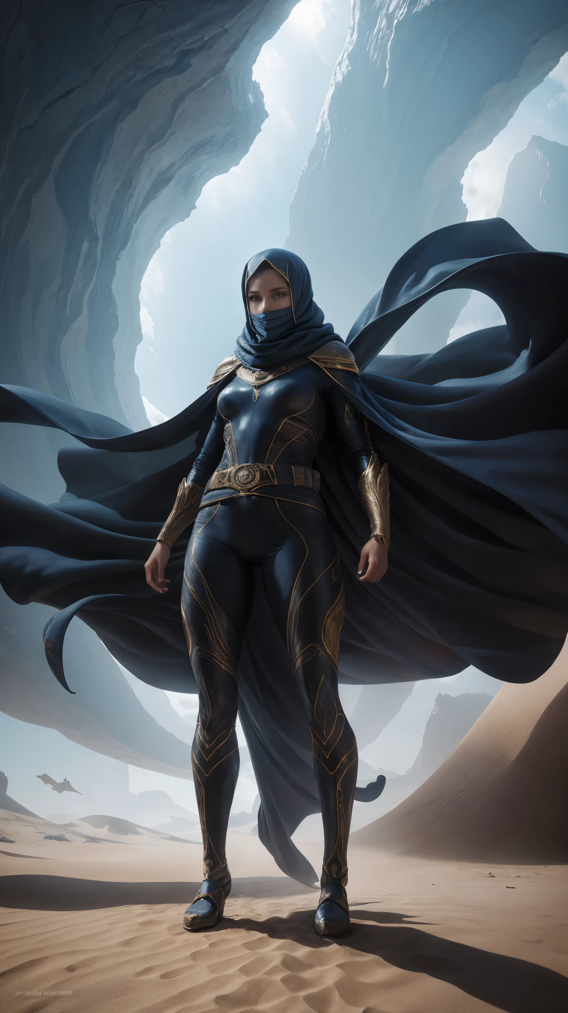 a digital illustration portraying a girl clad in an intricately designed Fremen suit reminiscent of the universe in Frank Herbert's "Dune." The suit boasts meticulous detailing, showcasing its desert-friendly features, including sand-resistant layers, functional utility belts, and a protective headscarf. Against the backdrop of a ferocious desert storm, she stands defiant, the tempest swirling around her. The artwork adopts a hyperrealistic style, accentuating the tactile feel of the suit's texture and the dramatic contrast of light and shadow in the midst of the storm