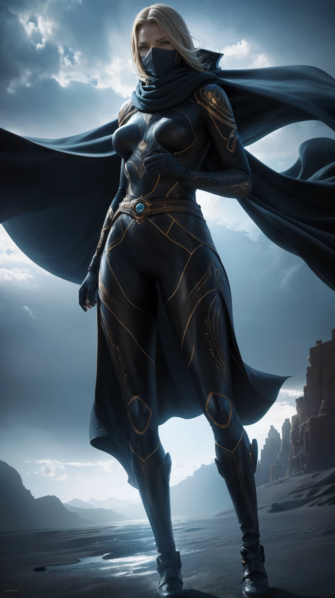 a digital illustration portraying a girl clad in an intricately designed Fremen suit reminiscent of the universe in Frank Herbert's "Dune." The suit boasts meticulous detailing, showcasing its desert-friendly features, including sand-resistant layers, functional utility belts, and a protective headscarf. Against the backdrop of a ferocious desert storm, she stands defiant, the tempest swirling around her. The artwork adopts a hyperrealistic style, accentuating the tactile feel of the suit's texture and the dramatic contrast of light and shadow in the midst of the storm