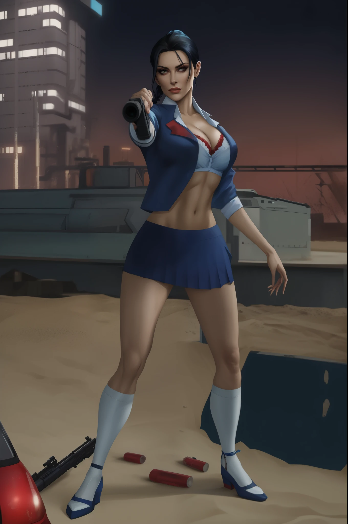 woman in a holding a gun, , glamorous, short blue plaited skirt, tied white shirt, red bra, midriff, black hair in pony tail